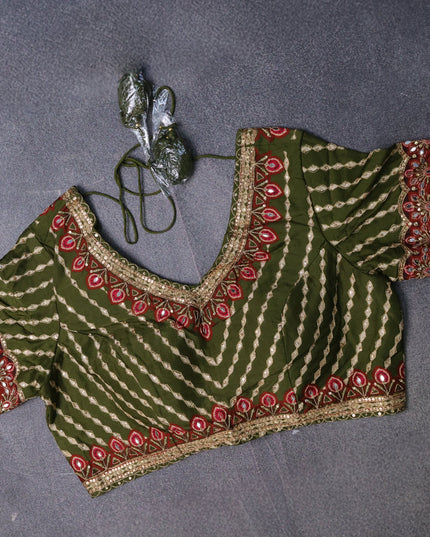 Green Crepe Embroidery Saree-Readymade Blouse