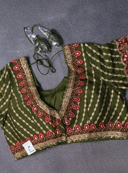 Green Crepe Embroidery Saree-Readymade Blouse