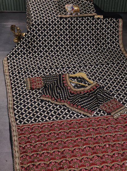 Black Crepe Embroidery Saree-Readymade Blouse