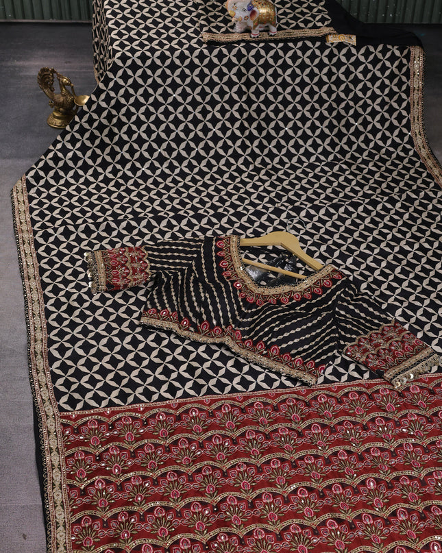 Black Crepe Embroidery Saree-Readymade Blouse