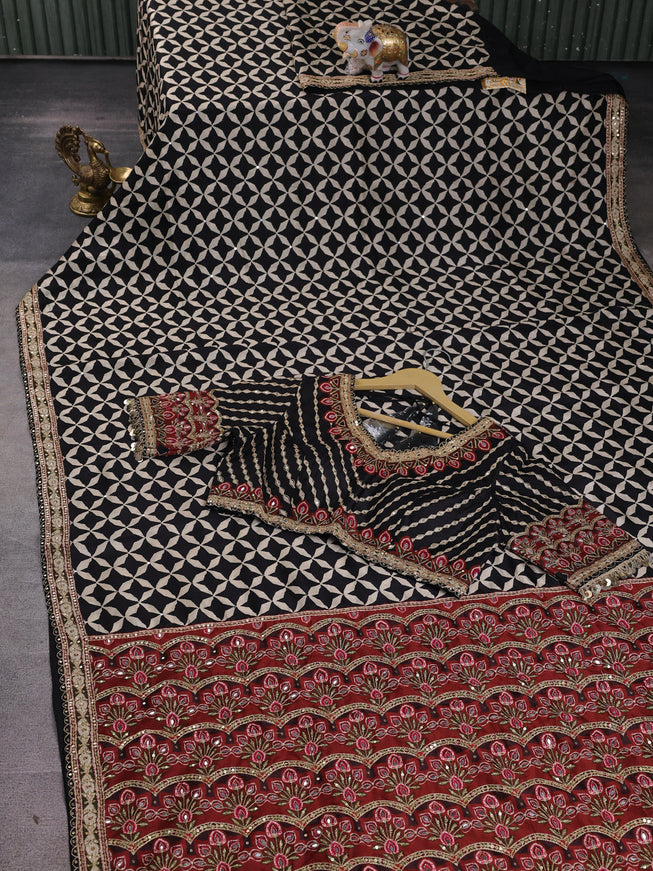 Black Crepe Embroidery Saree-Readymade Blouse