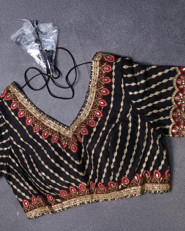 Black Crepe Embroidery Saree-Readymade Blouse