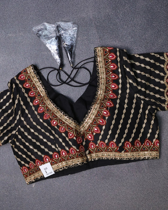 Black Crepe Embroidery Saree-Readymade Blouse