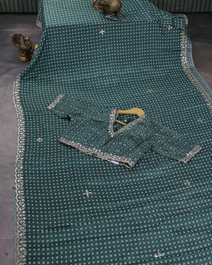 Green Crepe Embroidery Saree-Readymade Blouse