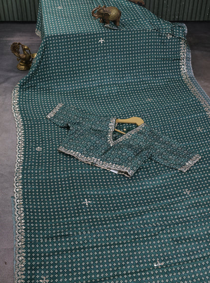 Green Crepe Embroidery Saree-Readymade Blouse