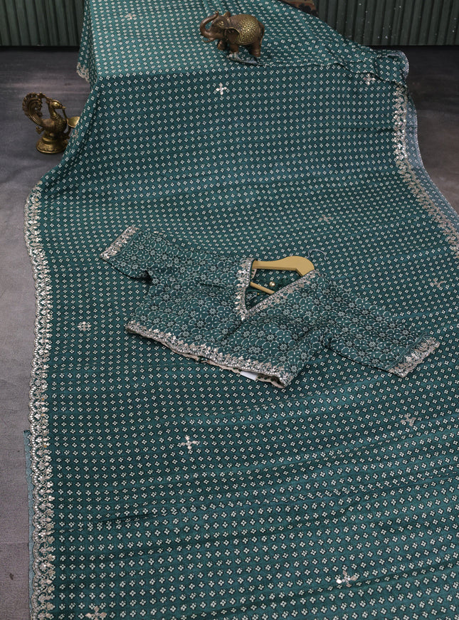 Green Crepe Embroidery Saree-Readymade Blouse