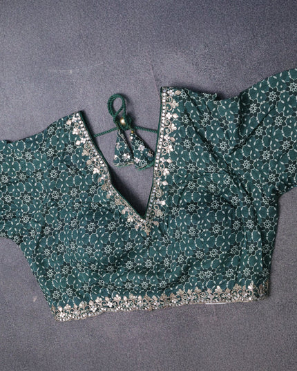 Green Crepe Embroidery Saree-Readymade Blouse
