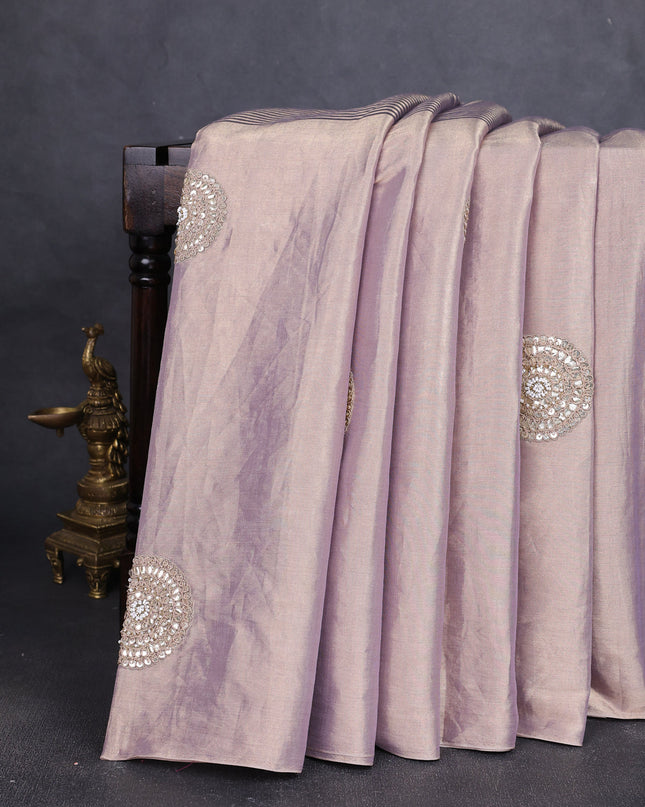 Light Gold-Blue Tissue Embroidery Saree-Embroided Readymade Blouse