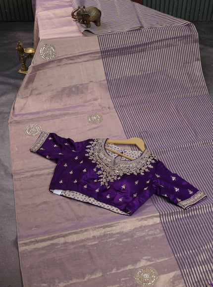 Light Gold-Blue Tissue Embroidery Saree-Embroided Readymade Blouse