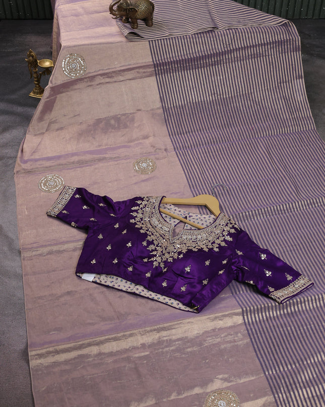 Light Gold-Blue Tissue Embroidery Saree-Embroided Readymade Blouse