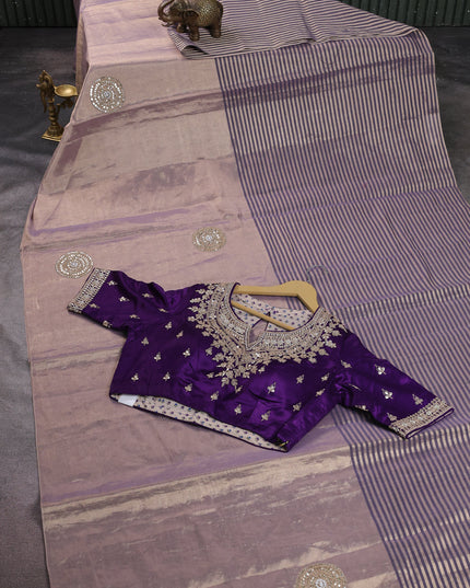 Light Gold-Blue Tissue Embroidery Saree-Embroided Readymade Blouse