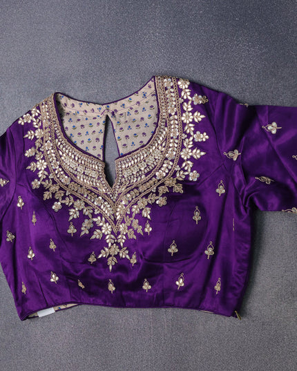 Light Gold-Blue Tissue Embroidery Saree-Embroided Readymade Blouse