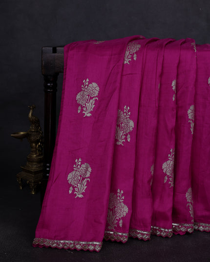 Rani Pink Tussar Silk Saree-Embroided Readymade Blouse