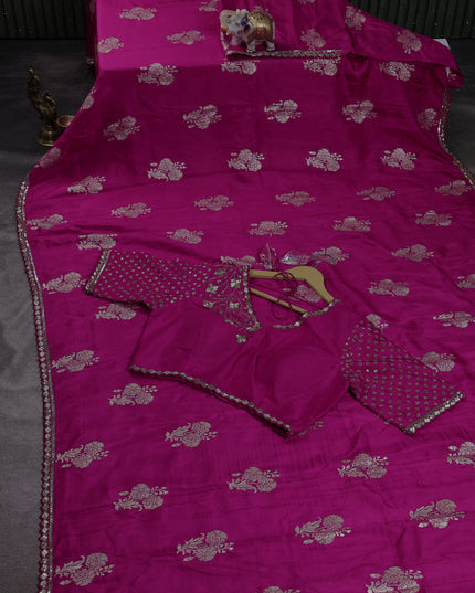 Rani Pink Tussar Silk Saree-Embroided Readymade Blouse
