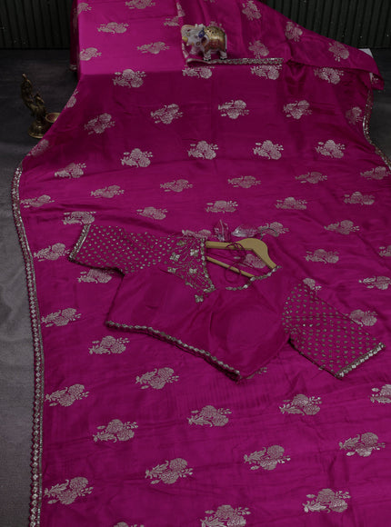 Rani Pink Tussar Silk Saree-Embroided Readymade Blouse