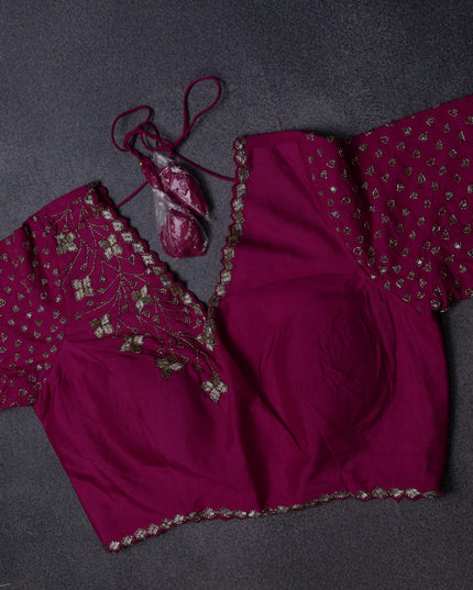 Rani Pink Tussar Silk Saree-Embroided Readymade Blouse