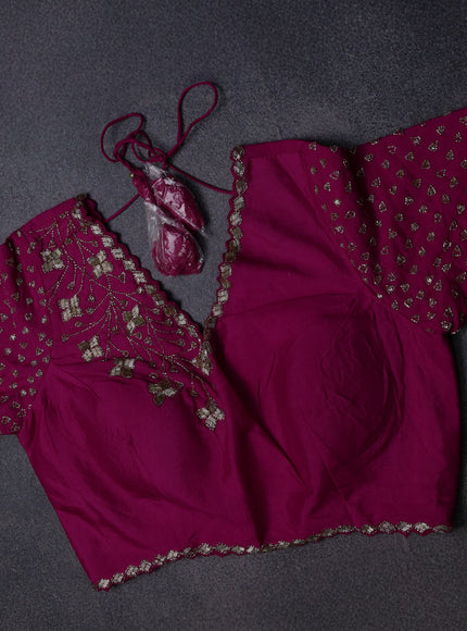 Rani Pink Tussar Silk Saree-Embroided Readymade Blouse