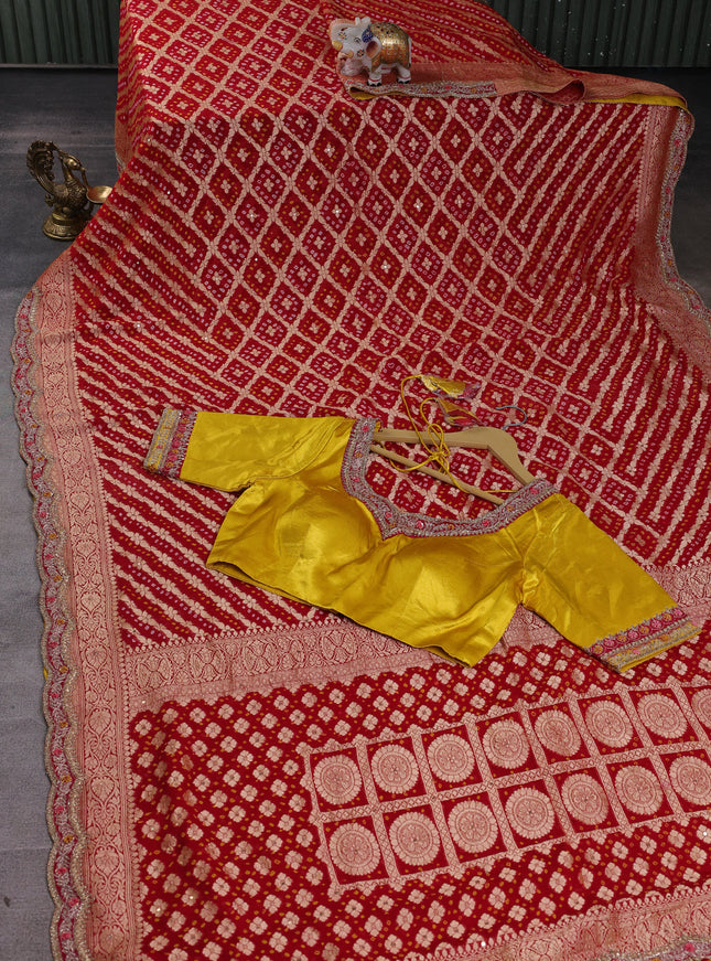 Red-Yellow Banarasi Georgette Saree-Readymade Blouse