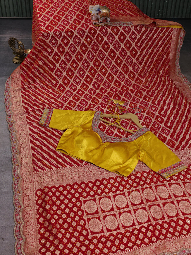 Red-Yellow Banarasi Georgette Saree-Readymade Blouse