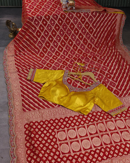 Red-Yellow Banarasi Georgette Saree-Readymade Blouse