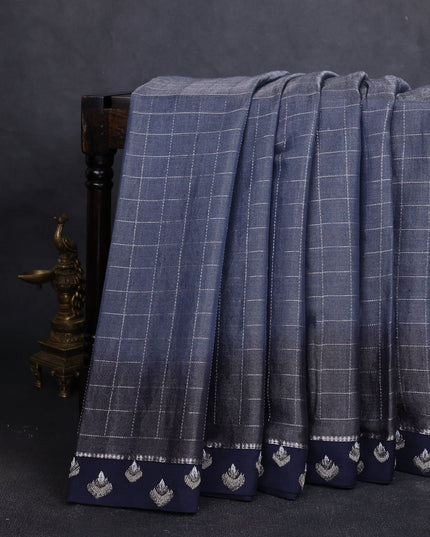 Gre-Navy Blue Tissue Silk Saree-Embroided Readymade Blouse