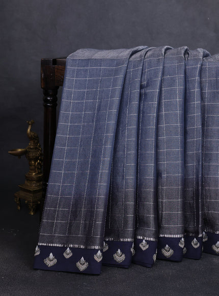 Gre-Navy Blue Tissue Silk Saree-Embroided Readymade Blouse