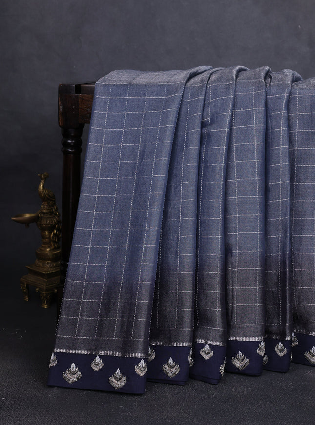 Gre-Navy Blue Tissue Silk Saree-Embroided Readymade Blouse