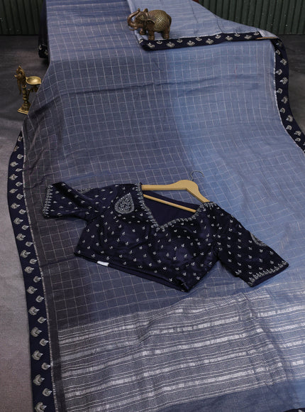 Gre-Navy Blue Tissue Silk Saree-Embroided Readymade Blouse