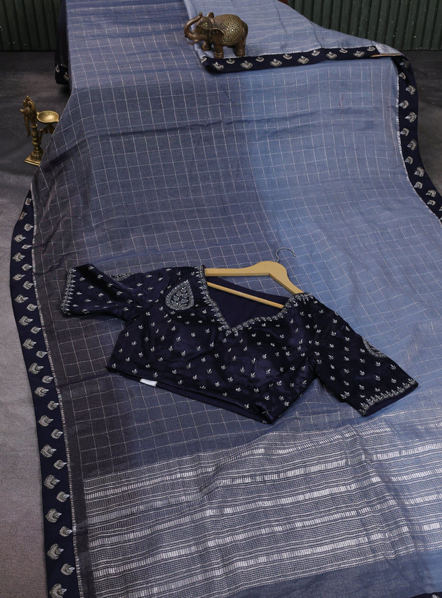 Gre-Navy Blue Tissue Silk Saree-Embroided Readymade Blouse