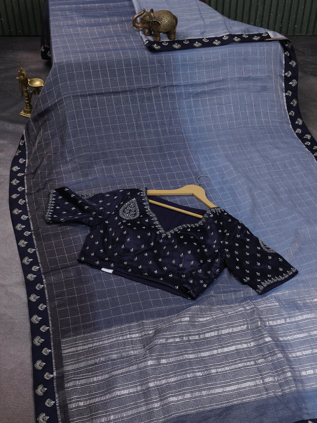 Gre-Navy Blue Tissue Silk Saree-Embroided Readymade Blouse