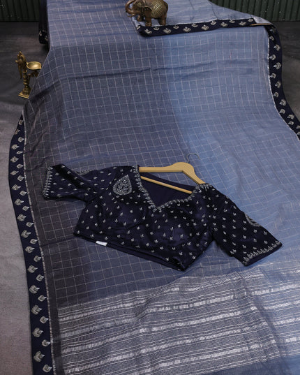 Gre-Navy Blue Tissue Silk Saree-Embroided Readymade Blouse
