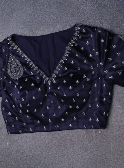 Gre-Navy Blue Tissue Silk Saree-Embroided Readymade Blouse