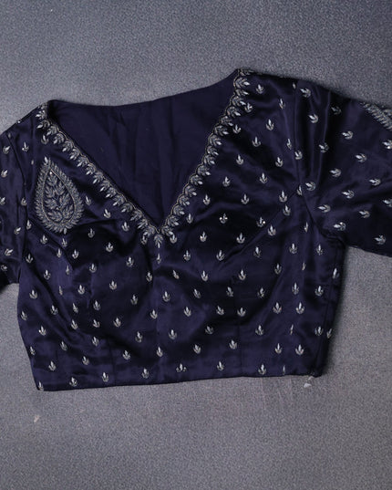 Gre-Navy Blue Tissue Silk Saree-Embroided Readymade Blouse