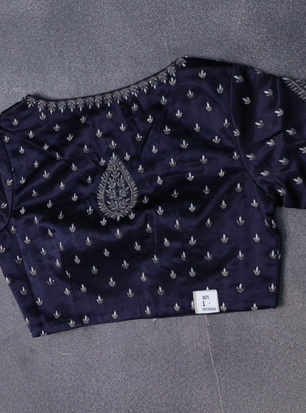 Gre-Navy Blue Tissue Silk Saree-Embroided Readymade Blouse