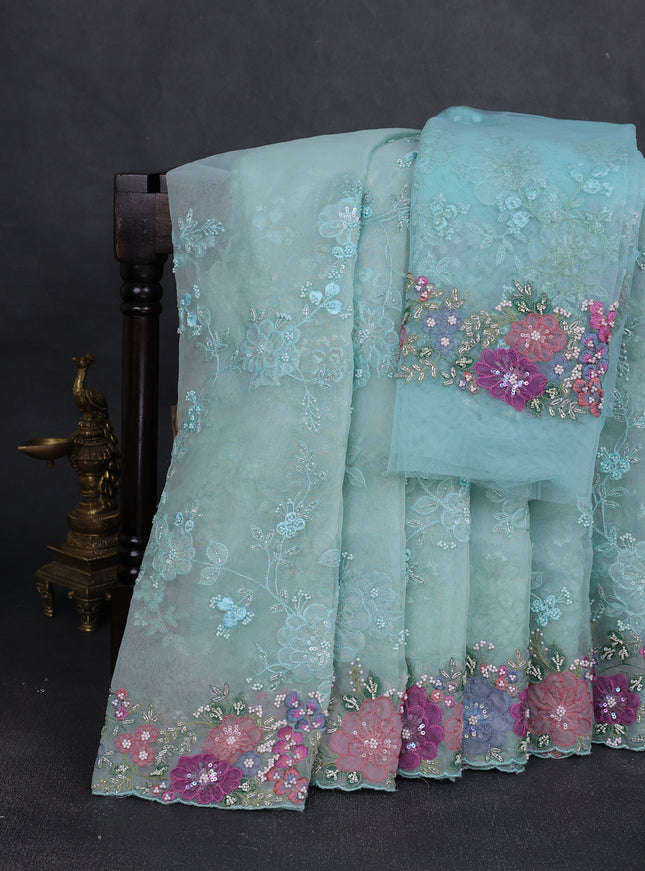 Sky Blue Organza Embroidery Saree