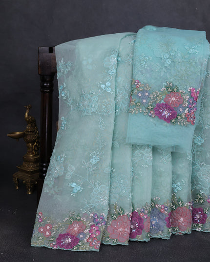 Sky Blue Organza Embroidery Saree