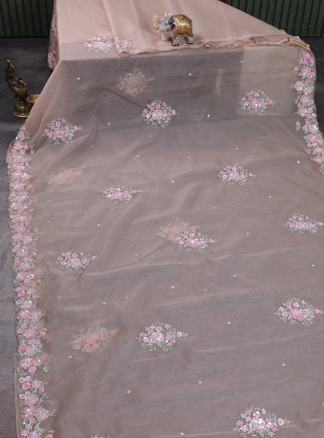 Beige Organza Embroidery Saree