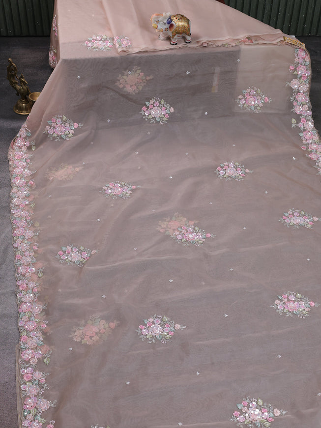 Beige Organza Embroidery Saree