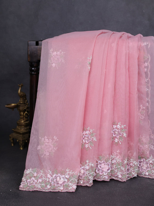 Peach Organza Embroidery Saree