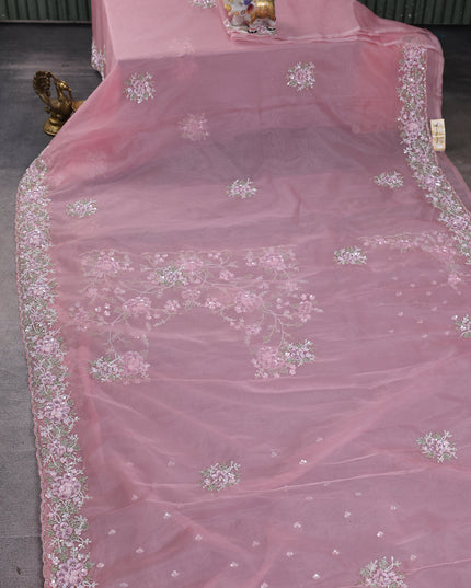 Peach Organza Embroidery Saree
