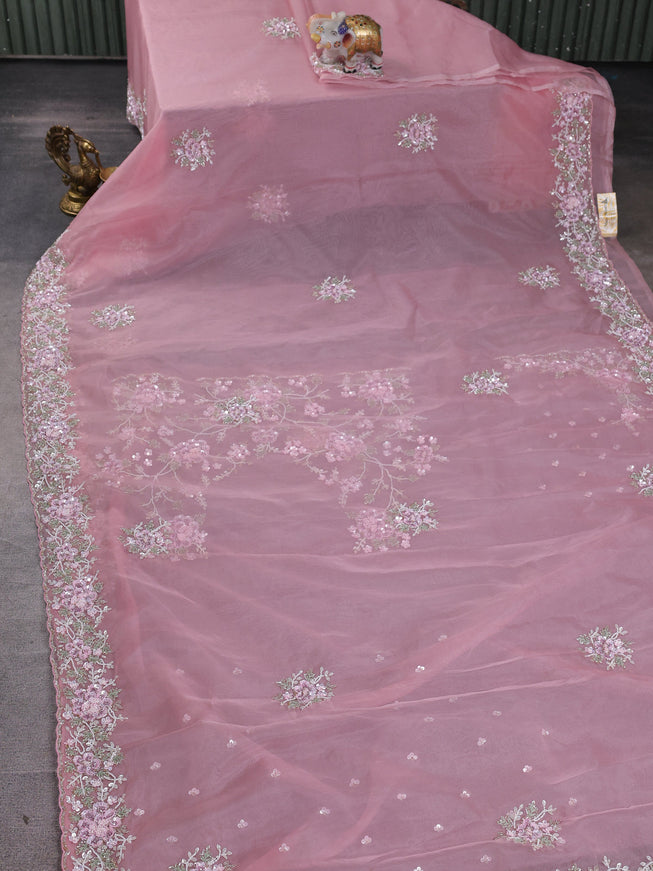 Peach Organza Embroidery Saree