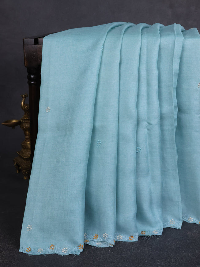 Aqua Blue -Peach Tussar Embroidery Saree