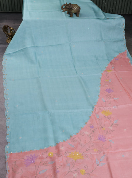 Aqua Blue -Peach Tussar Embroidery Saree