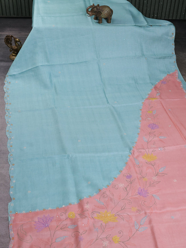 Aqua Blue -Peach Tussar Embroidery Saree