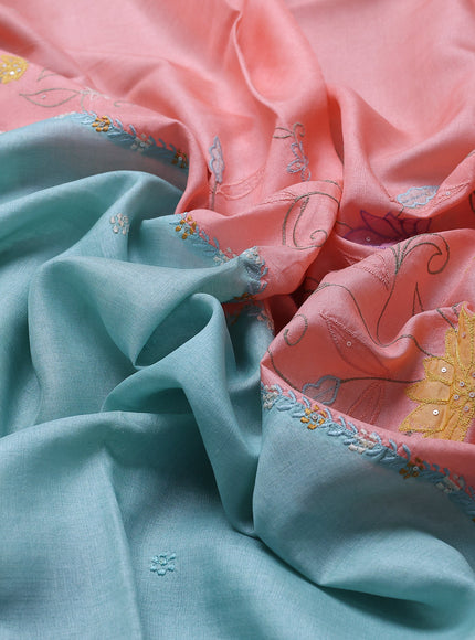 Aqua Blue -Peach Tussar Embroidery Saree