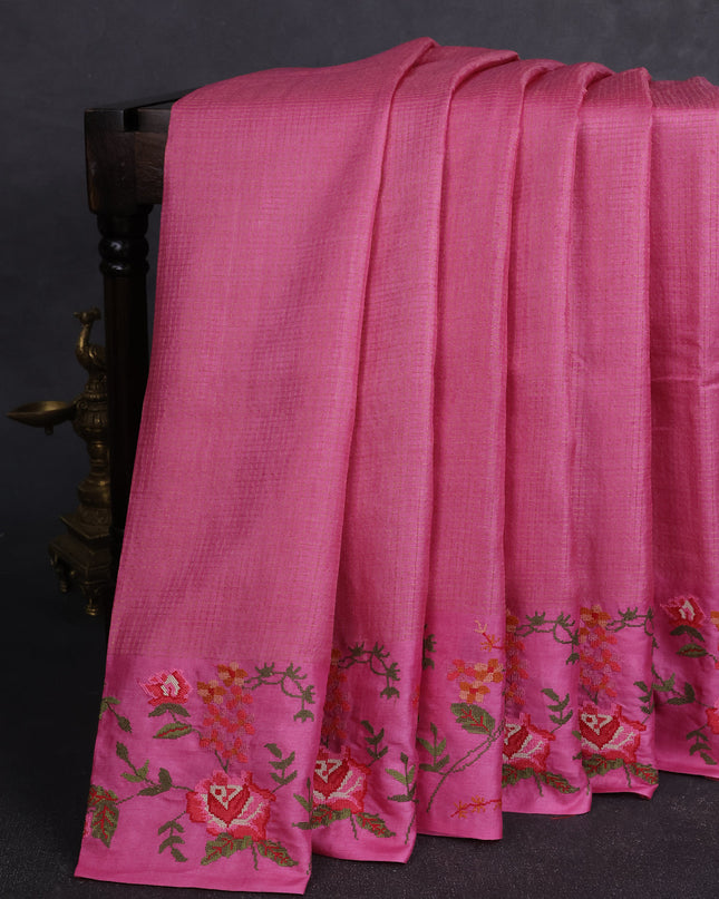 Pink Tussar Embroidery Saree