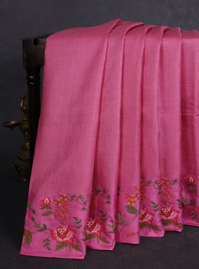 Pink Tussar Embroidery Saree
