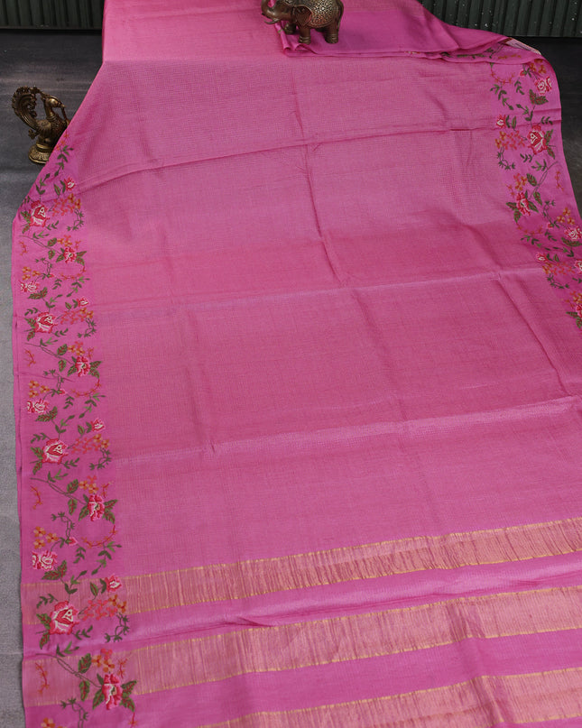 Pink Tussar Embroidery Saree