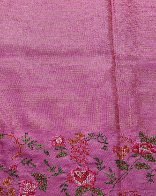 Pink Tussar Embroidery Saree