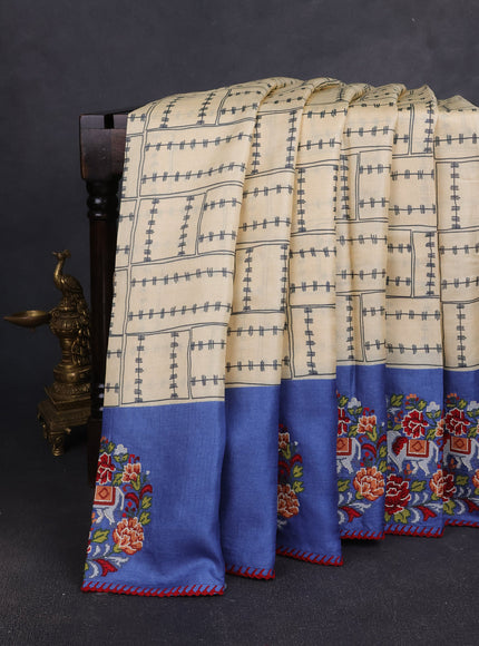 Cream - Blue Tussar Silk Saree